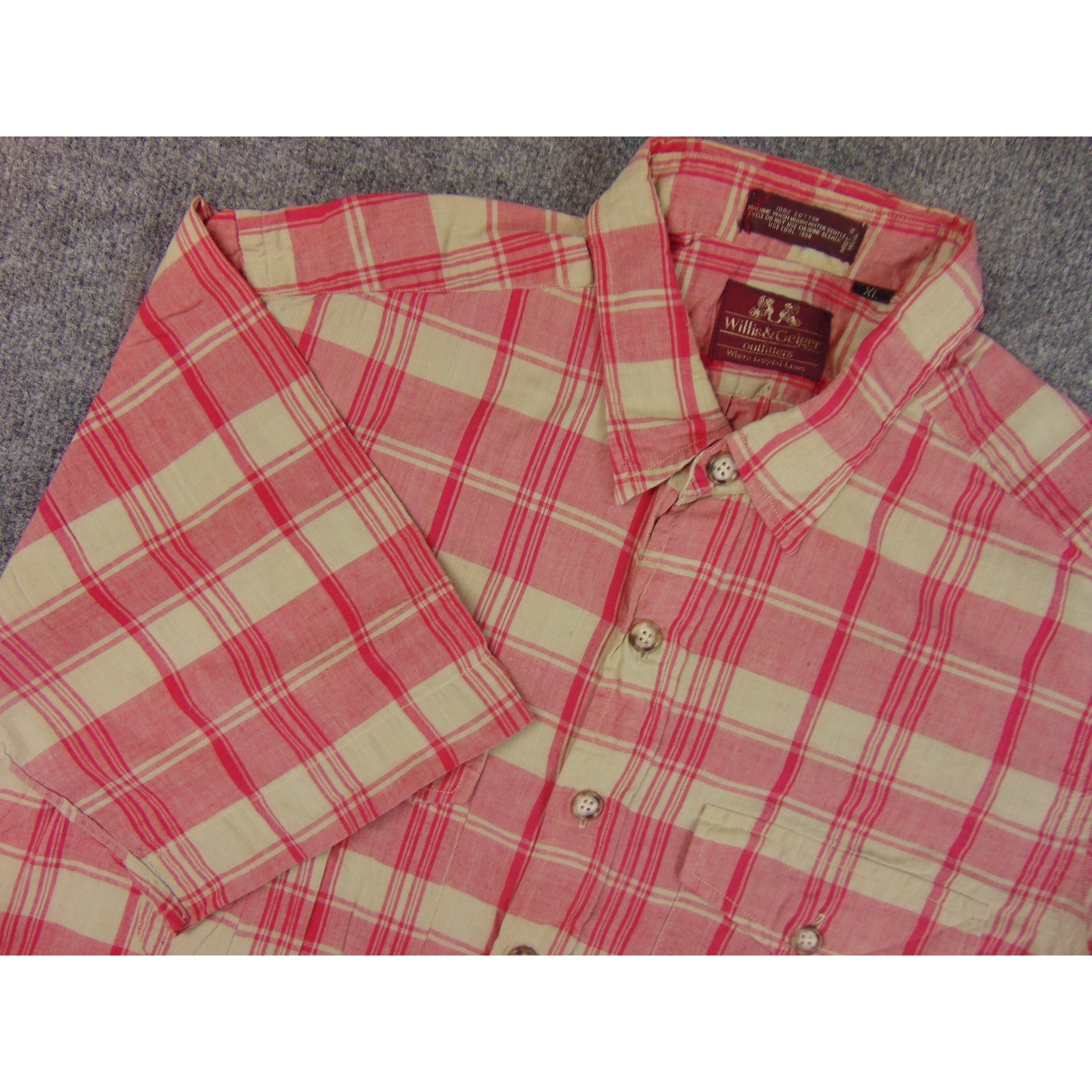 Willis and Geiger Shirt Mens XL Flannel Red Tan Plaid Short Sleeve Cotton Safari