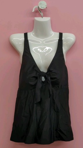 Rotita Ruched V Neck Wire Free Tummy Coverage Tankini Top Size XL Black