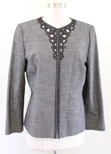 Tahari ASL Levine Gray Grid Print Laser Cutout Embellished Blazer Jacket Size 8P