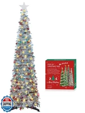 HMASYO 5 FT Pop Up Christmas Tree with Timer Lights, Colored Silver Tinsel Sn