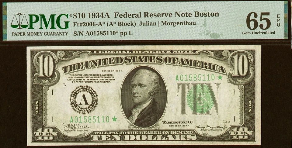 1934A $10 Federal Reserve Note PMG Gem 65EQ - Boston Star - Fr 2006-A* - Image 2 of 3