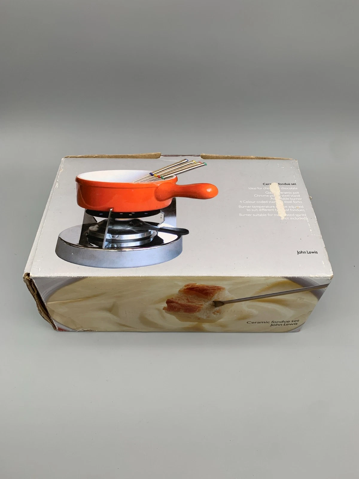 John Lewis Fondue Set Orange Ceramic Chrome Plated Stand 4 Coded Forks NEW