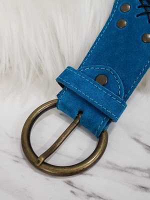 VINTAGE WIDE SUEDE GROMMET CORSET BELT BLUE 70s 80s Leather  display picture 1