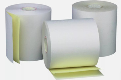 3'' x 90' 2-Ply Carbonless Paper Rolls - White/Canary (50 Rolls)