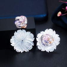 2 in 1 Natural Shell Flower Multicolor CZ Yellow Stud Earrings Fashion Jewelry