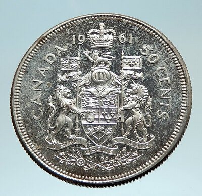 1961 CANADA Queen ELIZABETH II Genuine Silver 50 Cent ARMS & LIONS