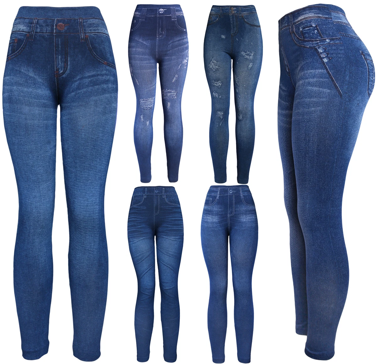 Classic High Waist Women's Denim Print Fake Faux Jeans Leggings Pants