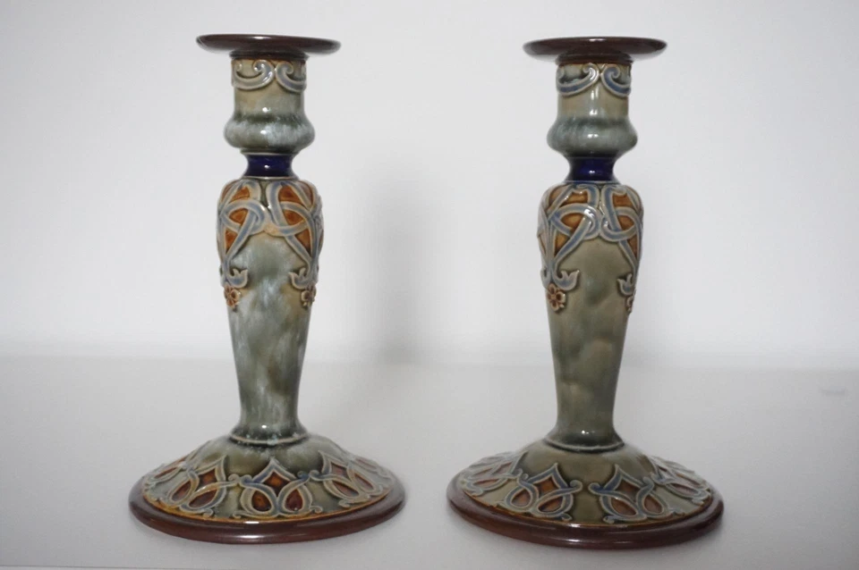 Pair Royal Doulton Lambeth Candlesticks - Art Nouveau - Louisa Wakely - c.1905 - Image 2 of 4