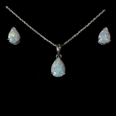 Sterling Silber Feueropal Träne Birne Tropfen Anhänger Halskette Ohrstecker Set