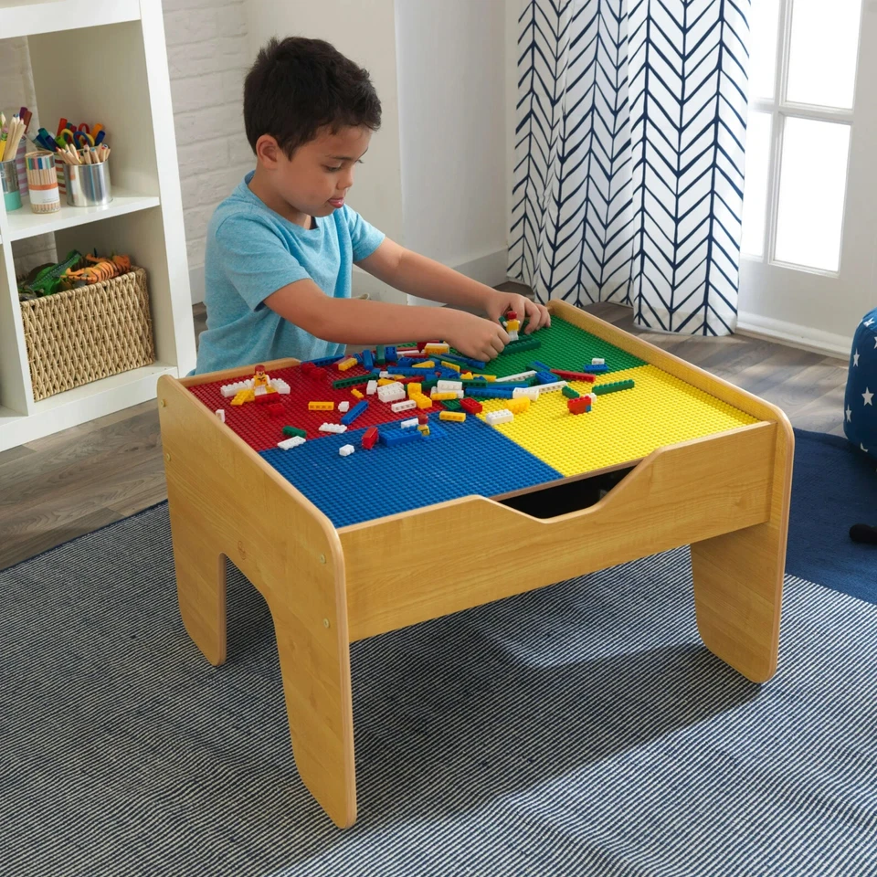 Mesa de actividades reversible + 200 ladrillos de construcción + Juego de tren de madera de 30 piezas juguete para niños Foto 2 de 4