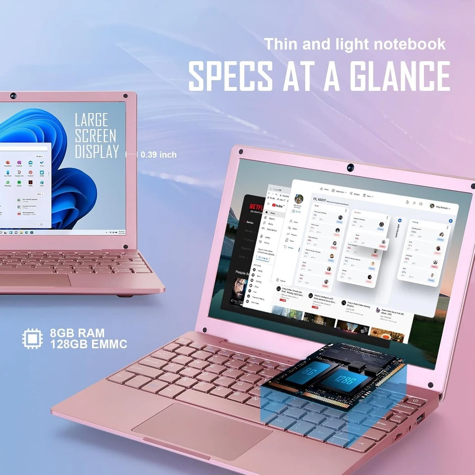 Windows 11 Laptop 10in Quad Core Notebook 8GB+128GB With Bluetooth WiFi Pink - Image 3 of 4