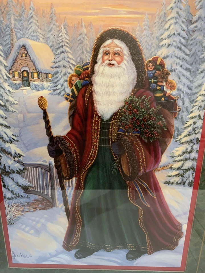 Arte enmarcado de Papá Noel HOMCO G Barker de colección de la década de 1990 madera de cerezo dorado 12” X 15” EE. UU. Foto 2 de 4