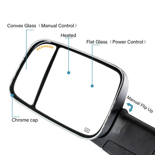 Pair Tow Mirrors Power Heated For 2003 2004 2005 2006 Ram 1500 2500 3500 Chrome - Picture 2 of 12