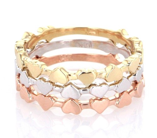 14k Tri Color Gold 3 Piece Stackable Heart Ring Sizes 5-9 - Picture 2 of 11