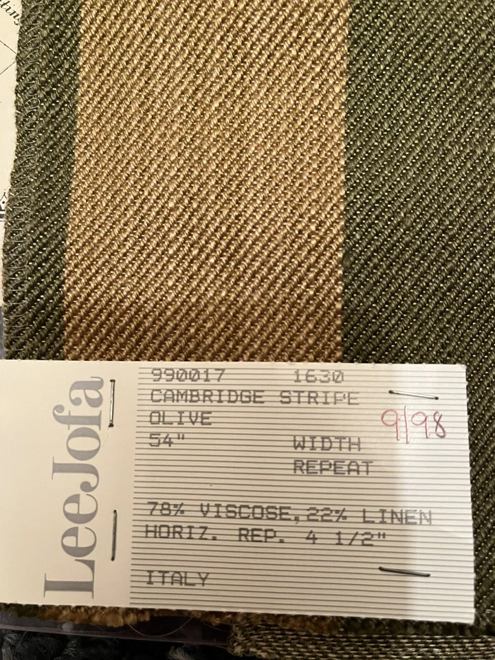 Lee Jofa CAMBRIDGE Stripe Olive Green 26 1/4x 26 1/4 Fabric Remnant Italy - Image 2 of 2
