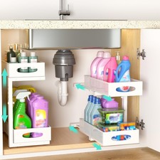 Under Sink Organizer, 2 Pack 2 Tier Metal Slide Out Pull Out Cabinet Organize...