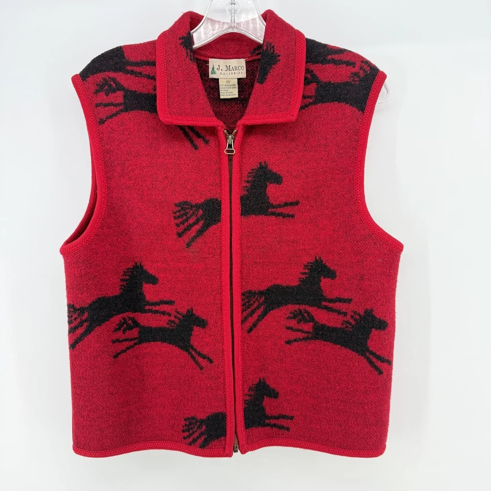 Vintage 100% Boiled Wool Red Vest Horses Size Medium Equestrian Royalcore Black - Image 2 of 4