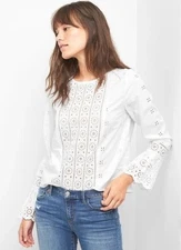 GAP Women's XS Long Bell Sleeve Eyelet Top Boho Chic Embroidered Optic White