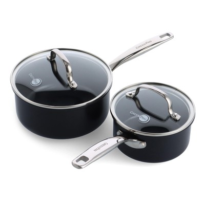 GreenPan Prime Chatham 1QT & 2QT Saucepan Pot Set with Glass Lids, Hard Anodized