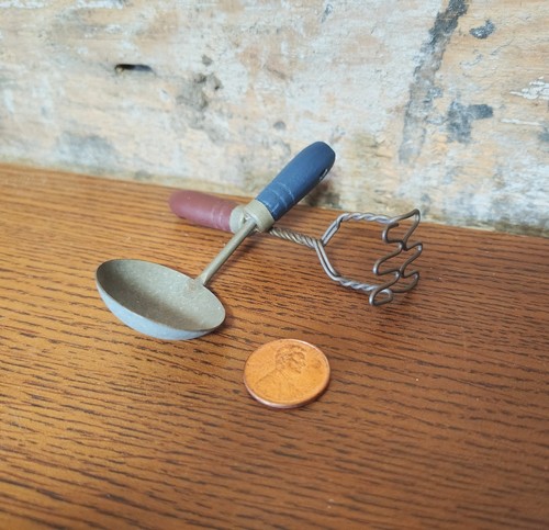 VTG Miniatures Kitchen Utensils Primitive Masher and Spoon Dollhouse Ornaments