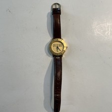 Guess Watch Gold Tone Watch 1995 Brown Logo Leather Band Vintage Y2K