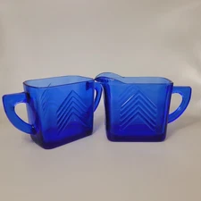 Hazel Atlas Cobalt Blue Glass Sugar and Creamer Set 3" Tall Art Deco Vintage