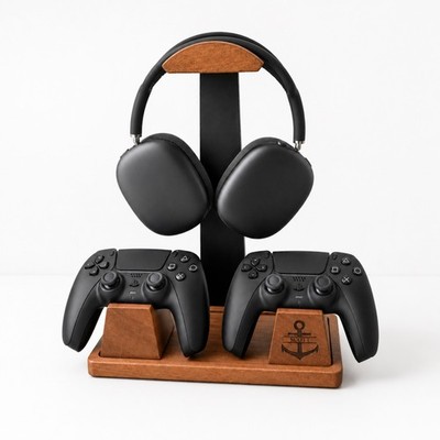 Headset Stand with 2 Controller Holders Solid Wood Metal Gaming Headphone Holder