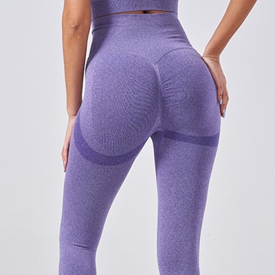 (Purple M) Workout Running Leggings Hip Lifting Seamless High Waist Tummy [ UB