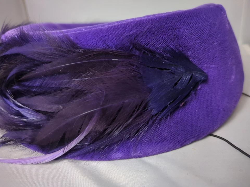 Vintage Purple Wool Fascinator Hat With Black Feather & Rhinestone Trim - Image 2 of 4