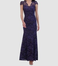 Eliza J Women's Blue Metallic Floral Lace Cap-Sleeve Gown Dress Size 2