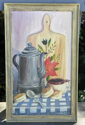 Mid-Century Still Life Painting Artist Dingler 62 Coffee Pot Biscuits Kitchen