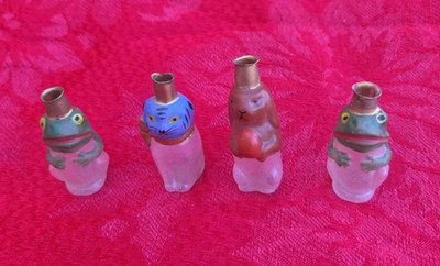 4 Antique Miniature Blown Glass Perfume Bottle Figural 2 Frogs Dog Cat Germany
