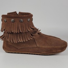 Minnetonka Moccasin Brown Suede Leather Fringe Ankel Zipper Booties Women s 9M