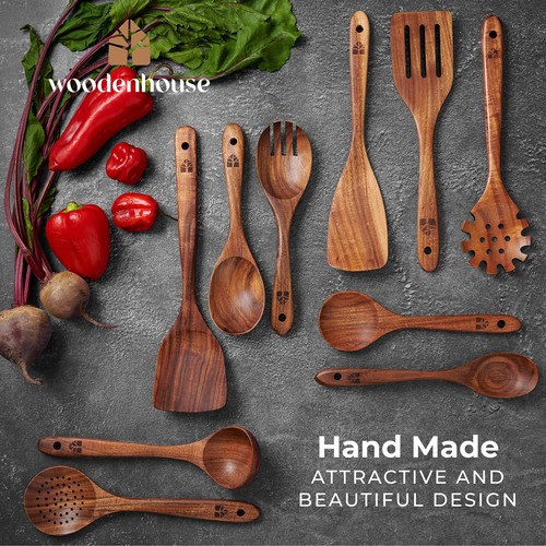 Cucharas de madera para cocinar, juego de 10 utensilios de cocina de madera - utensilios de madera... - Imagen 6 de 6