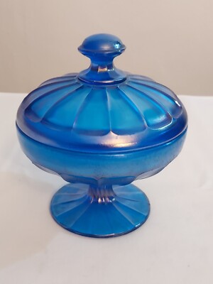 Fenton CELESTE BLUE Stretch Art Glass Covered Compote BONBON Paneled Candy Dish