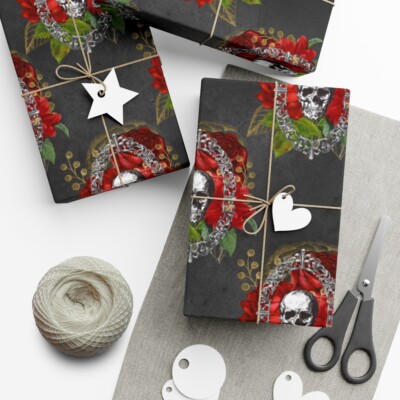 Gothic Gift Wrap - Gothic Wrap Paper - Skull Circle Black Gift Wrapping Paper