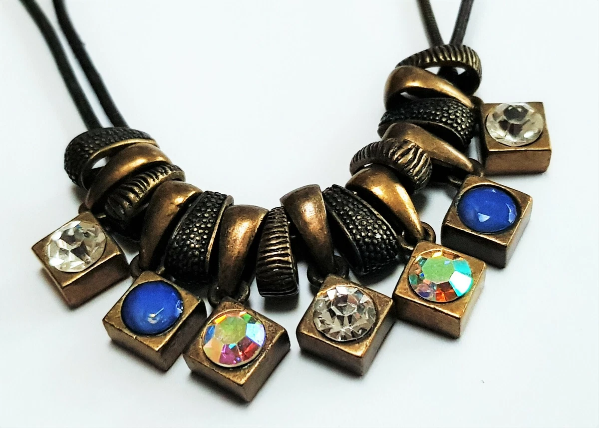 Womens Boho Crystal Necklace BLUE GOLD Antique Matt Cord Chain Hippy Party
