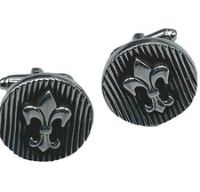 Cufflinks Silver Tone Black Fluer De Lis Round 3-d 7/8" Shirt Cuff