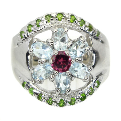 925 Sterling Silber Ring Runder Rhodolith Aquamarin Edelstein Schmuck Größe 8