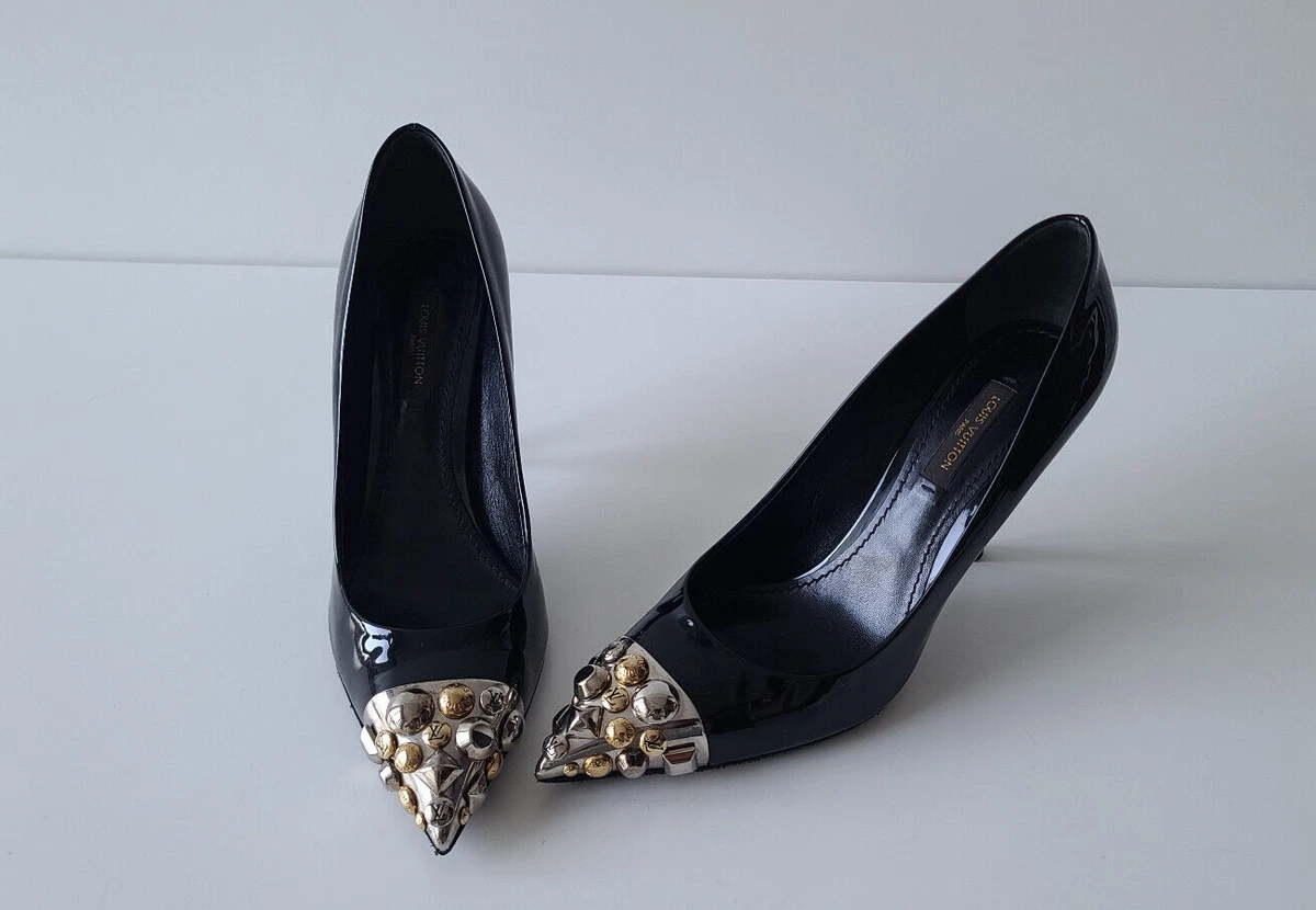 LOUIS VUITTON Bernice Metallic Studded Cap Toe Black Patent Pumps