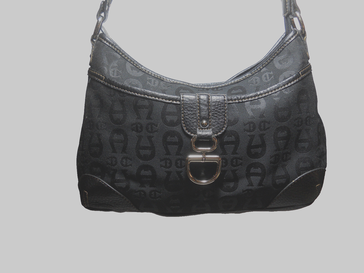 Etienne Aigner Black Logo Fabric & Pebbled Leather Trim 4-Compart 
