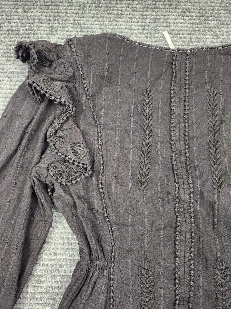 Free People Womens Size 0 Isabella Mini Dress Black Cotton Flowy Long  Sleeve | eBay