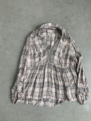 Knox Rose Plaid Hi Lo Top Blouse (S) Roll Tab Sleeve