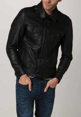 Black Trucker Jacket Men Lambskin Leather Jacket Size S M L XL XXL Custom Made