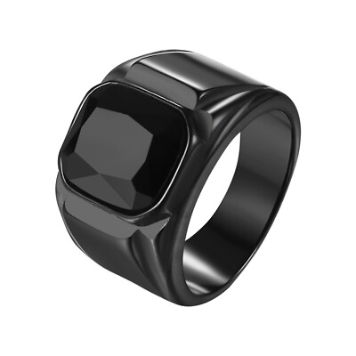 Men's Stainless Steel Black Square Signet Ring Crystal Biker Pinky Band Size8-13