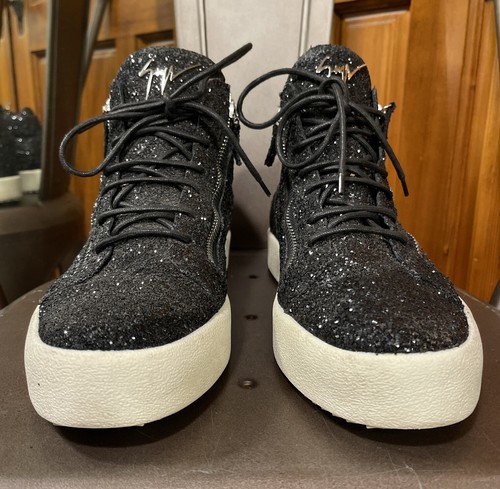 $697 Giuseppe Zanotti Men's Black Glitter Leather Logo Low-Top Sneaker EU46