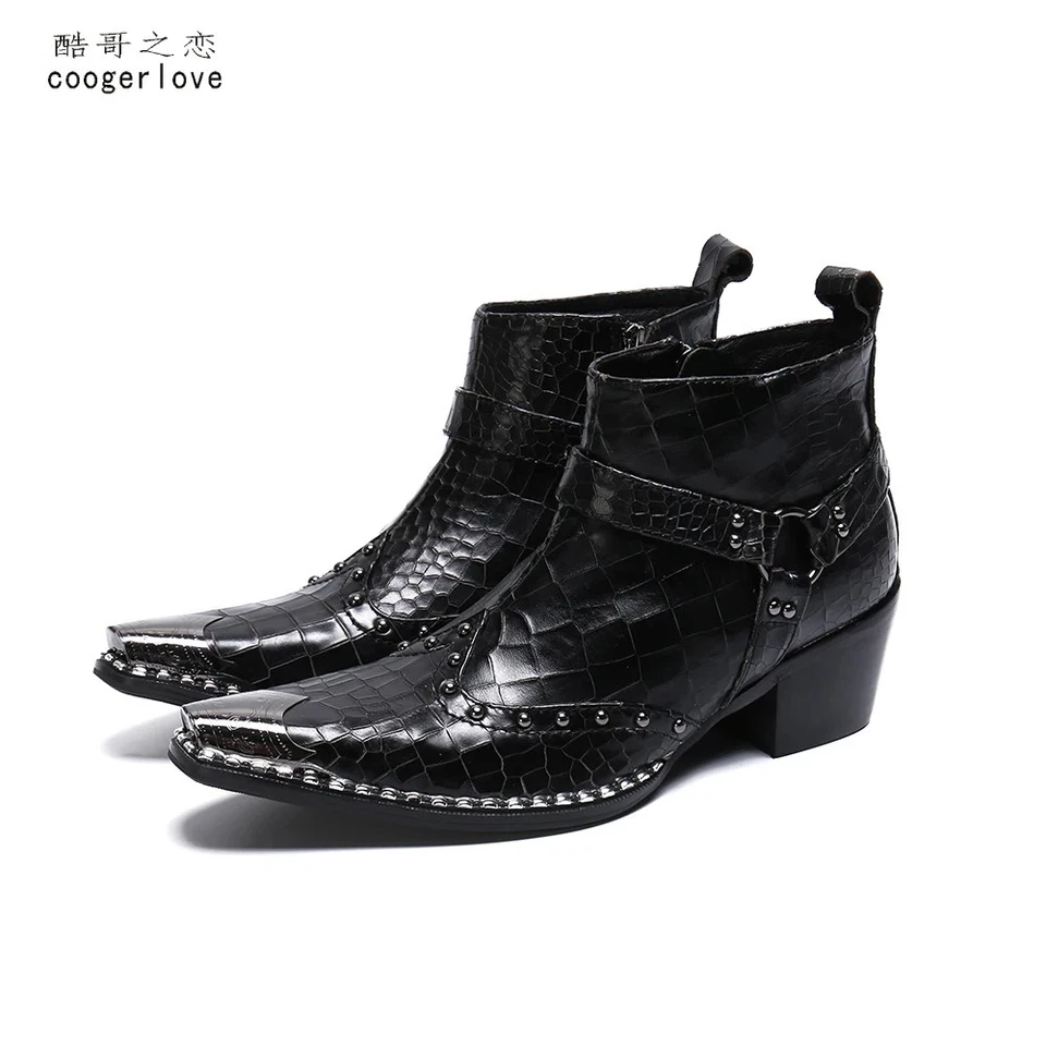 Moda Para Hombres Botas de Cuero de Tacón Alto Estilo Británico Zapatos en Punta Matrimonio Unisex Foto 3 de 4