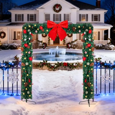 Christmas Arch 8-9FT PVC w/ Light, Ornaments Holiday Arch for Outdoor Decor