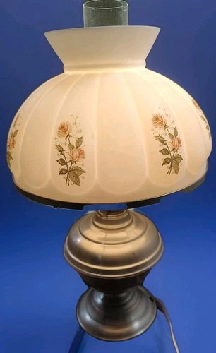 VTG Hurricane Table Lamp Brushed Base, Milk Glass , Roses Lamp 18"