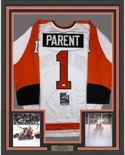 FRAMED Autographed/Signed BERNIE PARENT 33x42 Philadelphia White Jersey JSA COA